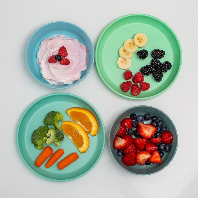 Grow Forward Bamboo Kids Plates and Bowls Sets - 8-Piece Dishwasher Safe Non Toxic Plates for Kids - Reusable Eco Friendly BPA Free Dishes Dinnerware Sets for Children - Rainforest