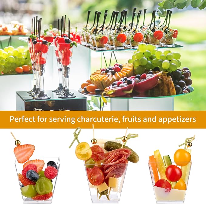 50 Sets 7 oz Plastic Charcuterie Cups with 200 Sticks, Square Appetizer Cup with Cocktail Picks Mini Party Serving Cups for Fruit, Snack, Dessert