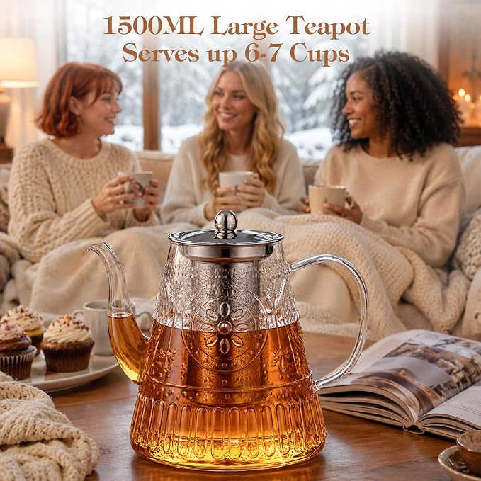 1500ml/52oz Large Glass Teapot, Zpose Vintage Tea Pot with Infuser for Loose Tea, Stovetop Glass Tea Kettle with strainer for 6-7 Cups