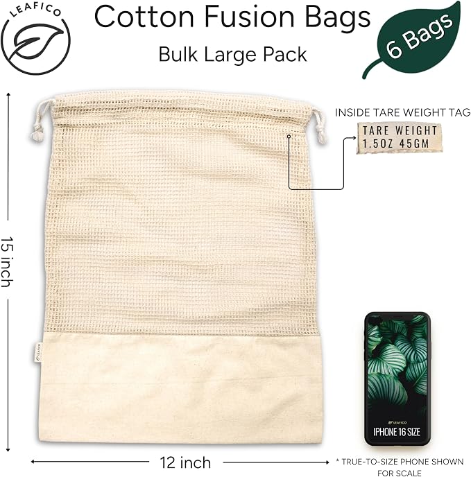 Reusable Produce Bags – 100% Cotton Mesh & Solid Hybrid (Large 12x15 inch 6 Pcs) – Storage Bags for Vegetables, Toys, Clothes, Travel Packing – Washable, Plastic-Free, Breathable, Zero Waste