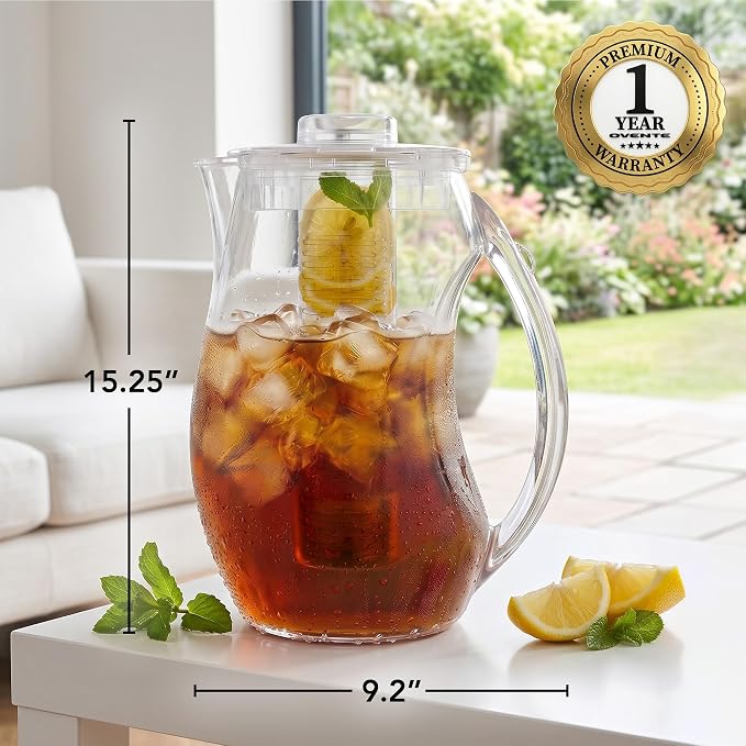 OVENTE Fruit Infusion Water Pitcher 2.5 Liters, Clear PIA0852C | With Removable Lid, Infuser Rod and Ice Rod, BPA-Free, Shatterproof Acrylic Beverage Jug for Flavor-Infused Drinks & More