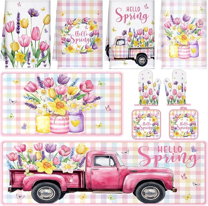 Fourluoo 10 Pcs Spring Flower Farmhouse Kitchen Decor Set Dish Towels Kitchen Rugs Oven Mitts and Pot Holders Set for Cooking Baking Grilling Women Mom Daughter Gift(Vibrant Color)