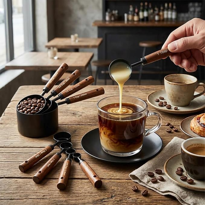 Measuring Cups and Spoons Set, 8PCS Stainless Steel Metal Measuring Cups, Walnut Wood Handle, Black Plated, For Dry and Liquid Ingredients