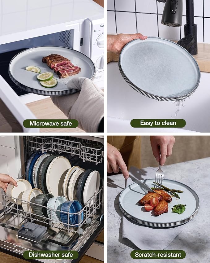 Famiware Star Stoneware Dinnerware Set, Reactive Glaze Plates & Bowls for 4 | 12-Piece Handmade Ribbed Dishes, Chip & Scratch Resistant Ceramic. Microwave & Dishwasher Safe, Rustic Modern, Smoky Blue