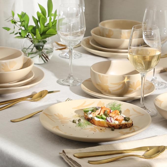 Gibson Home Admiral Hall Plates and Bowls Set, 16-Piece Floral Dinnerware Set, Cream Stoneware Dish Set, Dinner Plates, Salad Plates, Pasta Bowls & Cereal Bowls