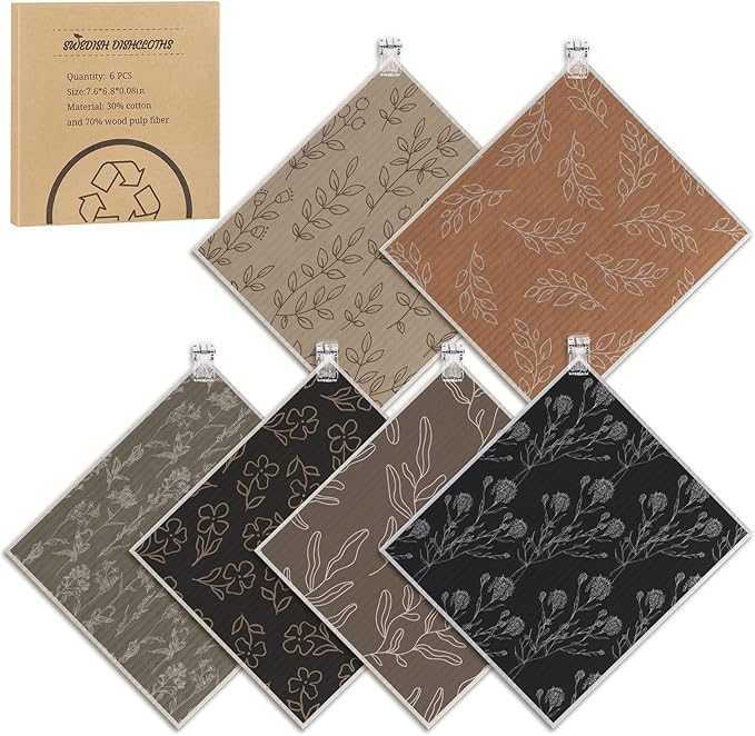 6 Pack Swedish Dishcloths for Kitchen,Swedish Rags Dish Towels with Clips | Reusable Paper Towels Washable Absorbent Cellulose Sponge Cloths No Odor for Cleaning HHome Kitchen Gifts for Host