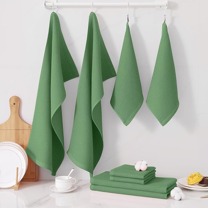 Homaxy 10 Pack 100% Cotton Kitchen Towels and Dishcloths Set, Grass Green | 12 x 12 Inches and 13 x 28 Inches Kitchen Towels Set, Ultra Soft Absorbent Dish Cloths for Washing Dishes