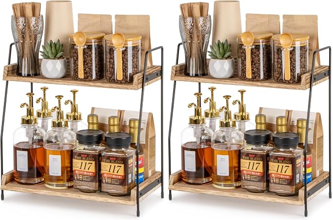 ANBOXIT Countertop Coffee Station Organizer, 2 Tier Wooden Shelf for Coffee Bar Accessories, Condiment Storage Caddy for Kitchen, Home, Office - Brown (Pack of 2)