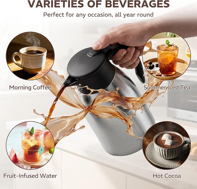 Thermal Coffee Carafe for Keeping Hot – 68OZ Insulated Camping Coffee Pot | 304 Stainless Steel Coffee Flask, Tea Pitcher for Hot Drinks Liquid Water, Insulated Beverage Dispenser for Parties