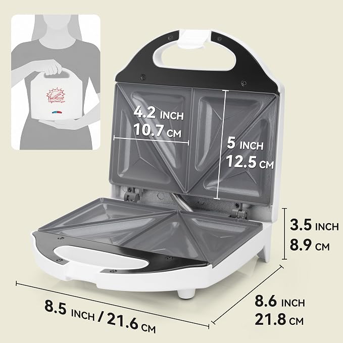 AshGlen Ceramic Breakfast Sandwich Maker Press 2 Slices, Mini Sandwich Press, Grilled Cheese Maker, Tostadora De Pan Sandwichera, Sandwichera Electrica, Sandwich Toaster, Ceramic Coating, White