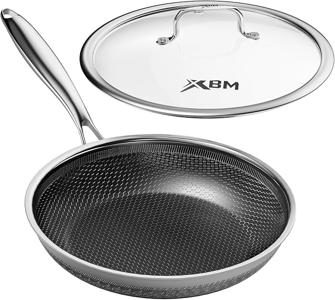 Nonstick Frying Pan with Lid 8-Inch, Durable Stainless Steel Skillet, Induction Cooktop Compatible, PFOA-Free Scratch-Proof, Dishwasher & Oven Safe, Stay-Cool Handle, Silver Kitchen Cookware