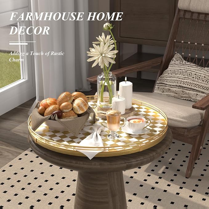 Gold and White Checkerboard Lazy Susan with Rubberwood Base and Metal Rail | Smooth rotating oak tray with walnut finish for dining tables, kitchen counters, pantries and cabinet storage.