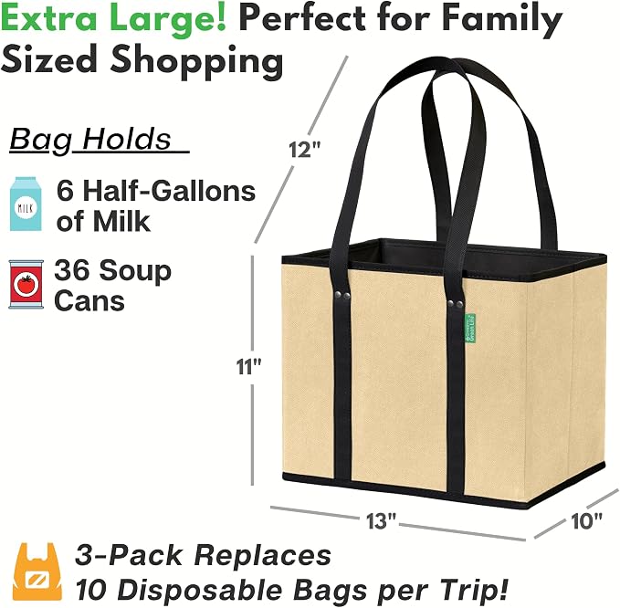Reusable Grocery Bags (3 Pack) – Heavy Duty Reusable Shopping Bags for Groceries with Box Shape to Stand Up, Stay Open, Fold Flat – Large Tote-Bag is Foldable with Long Handles & Hard Bottom (Beige)