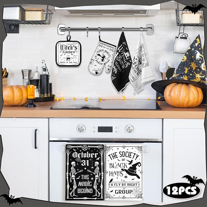 SiliFine 12 Pcs Halloween Kitchen Towels Oven Mitts Pot Holders Set | Gothic Witch Black Cat Skull Prints, Halloween Kitchen Accessories, Home Cooking Baking Protection, Holiday Decorations
