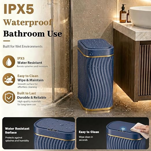 2.6 Gallon Automatic Bathroom Trash Can with Touchless Lid, Blue Gold | Motion Sensor Trash Can with Slim Waterproof Body; Small Plastic Garbage Can, hands-free lid for Bedroom, office, and kitchen