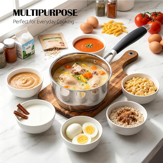 E-far 3 Quart Saucepan, Tri-Ply Base Stainless Steel Sauce Pot with Lid | Small Milk Sauce Pan with Silicone Handle for Home Kitchen Cooking, Compatible with All Cooktops, Non-toxic, Dishwasher Safe