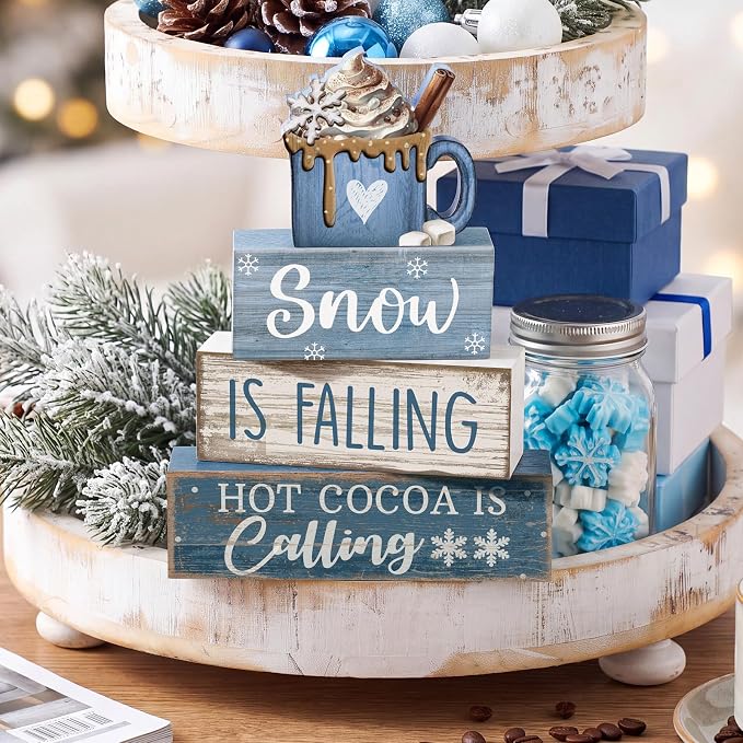 Lineshading 4 Pcs Wooden Block Signs Tiered Tray Decor Farmhouse Coffee Mug | Rustic Home Tabletop Shelf Accent, Stackable Coffee Quote Blocks with Ghost Mug Piece, Farmhouse Seasonal Kitchen Gift