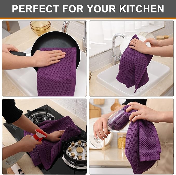 Kitinjoy 100% Cotton Waffle 4-Pack Kitchen Towels, 13" x 28", Violet | Super Soft, Ultra-Absorbent, Fast Drying, lightweight, Quick Drying Kitchen Hand Towels