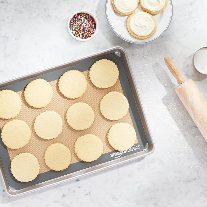 Amazon Basics Non-Stick Silicone Baking Mat, Food Safe, Dishwasher Safe, Heat Resistant, 16.5" x 11.6", Beige/Gray, Rectangular, 4-Pack