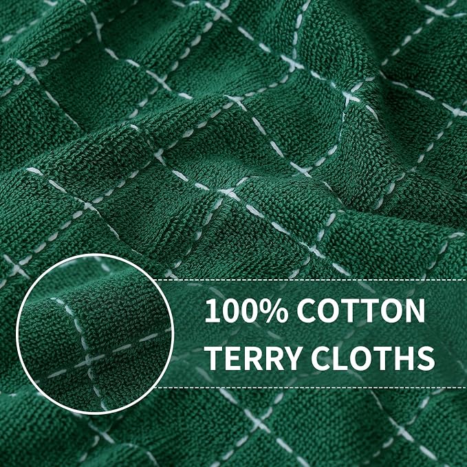 Homaxy Kitchen Towels and Dishcloths Set, Set of 12, Dark Green | Bulk Cotton Terry Kitchen Towels, Checkered Designed, Soft and Super Absorbent Dish Towels, 12 x 12 and 13 x 28 Inches