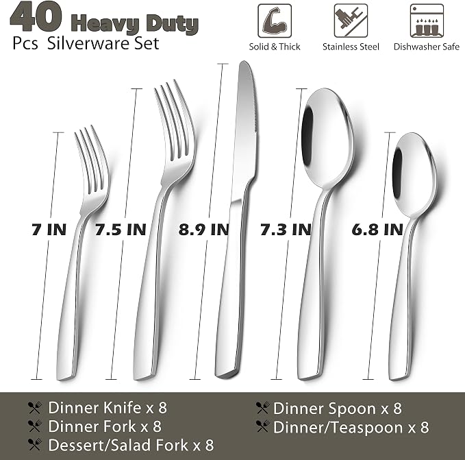 E-far 40 Pcs Heavy Duty Silverware Set for 8, Stainless Steel Flatware Set | Thick Metal Tableware Eating Utensils Include Forks Spoons Knives, Square Edge & Mirror Polished Cutlery, Dishwasher Safe