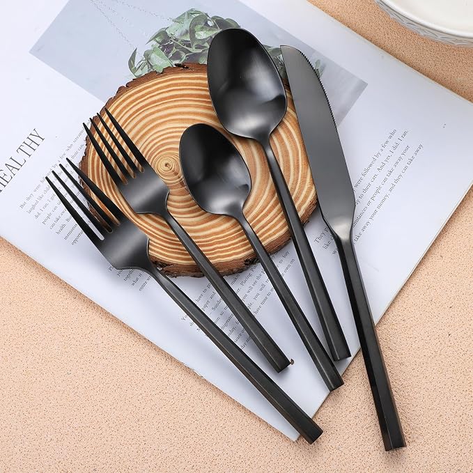 Matte Silverware Set Black Flatware Set with Hexagon Handle 20 Pieces 18/0 Stainless Steel Cutlery Set Wedding Housewarming Gift Service for 4 (Matt black)