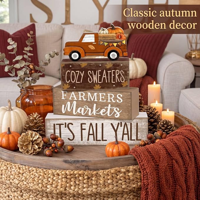 Lineshading 4 Pcs Fall Wooden Block Table Decor Stacked Signs Truck Topper | Rustic Farmhouse Tiered Tray Decoration, Sayings Cozy Sweaters Farmers Markets Its Fall Yall, Autumn Tabletop Centerpiece