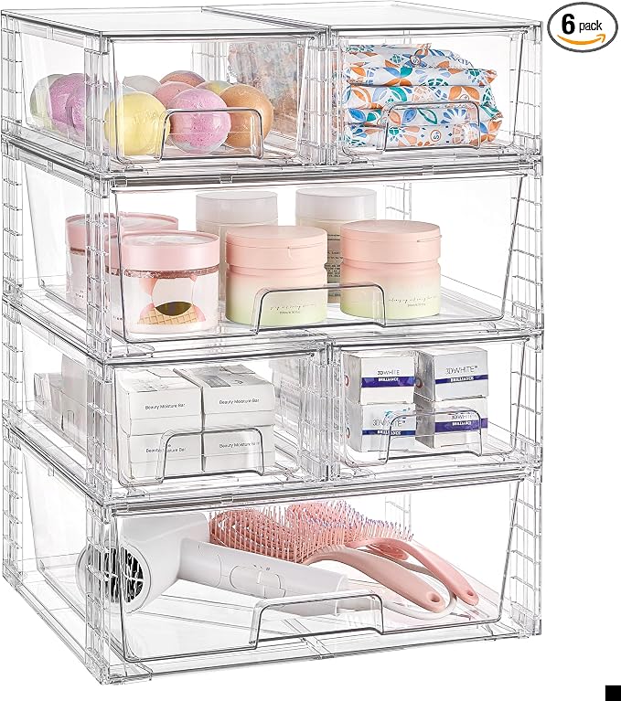 Vtopmart Clear Stackable Storage Drawers, 6 Pack Wide Organizer Set | Wide and Small Pull-Out PET Drawers for Flexible Sorting, Stackable Storage Solution for Cabinets, Closets, Pantry