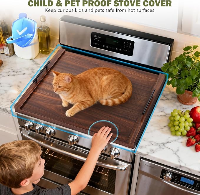 Noodle Board Stove Cover with Handles, Ultra Thick Wood Stove Top Cover Board for Electric/Gas Stove, Counter Space Top Covers Used As Sink Covers & Decorative Tray (Walnut Color)