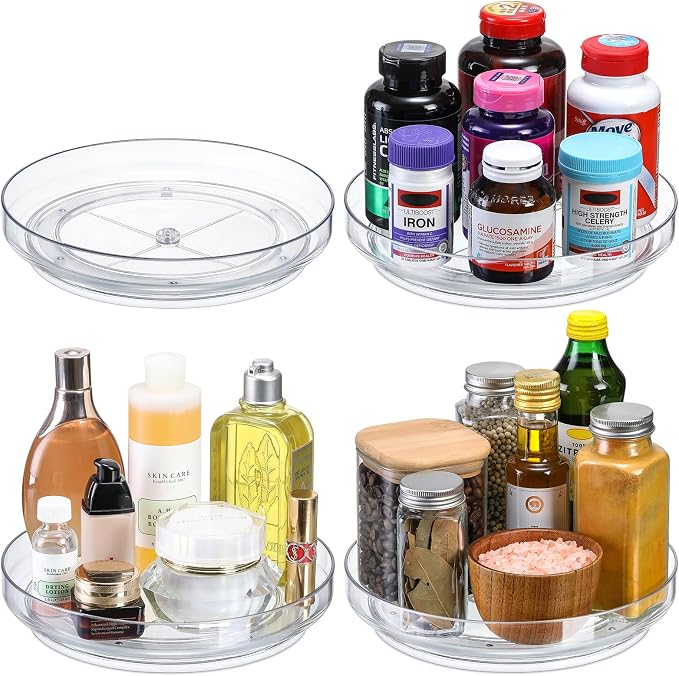 4 Pack 9 Inch Elegant Clear Turntable Acrylic Lazy Susan, Non-Skid Rotating | Smoothly Kitchen Spice Rack, Cabinet Pantry Organization Storage, Refrigerator, Vanity Makeup, Bathroom Countertop Organizer