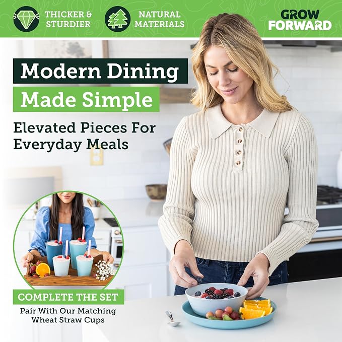 Grow Forward Premium Wheat Straw Plates and Bowls Sets - 8-Piece Wheat Straw Dinnerware Sets - Unbreakable & Reusable Microwave Safe Plastic Dinner Plates for Outdoors, RV, Camping Dishes - Seascape