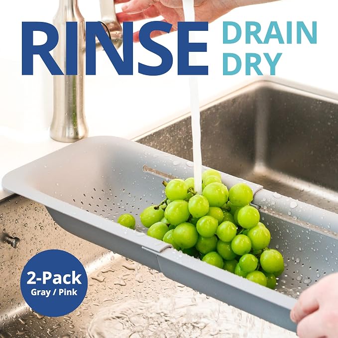 Blue Ginkgo Over Sink Colander, Extendable Kitchen Strainer, 2-Pack, Mix | Fits Most Sinks. Rinse, Drain and Dry with Ease.