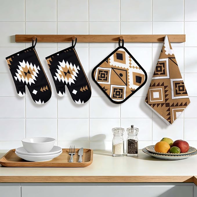8 Pcs Western Aztec Kitchen Decor Accessories Set Farmhouse Towels Pot Holders Oven Mitts Set 4 Dish Towels 2 Potholders 2 Cooking Mittens Oven Glove for Baking Cooking Mother's Day(Brown,Kitchen)