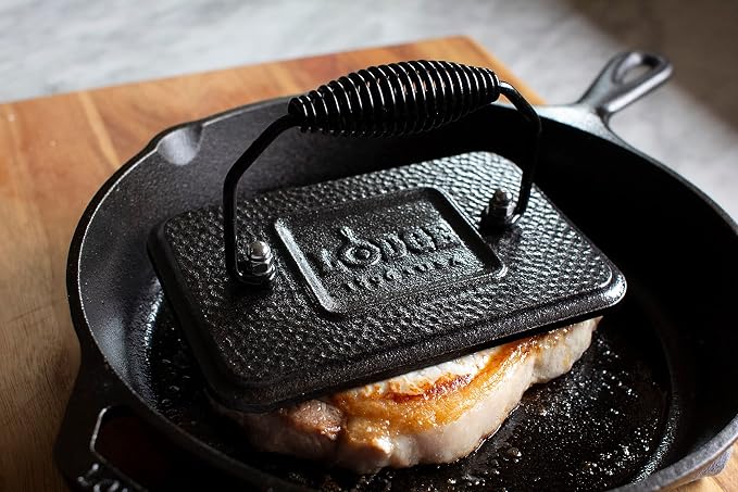 Lodge Seasoned Cast Iron Grill Press - Cool-Grip Spiral Handle - Heavy Duty Cast Iron Grill Press for Sandwiches, Bacon & Griddle Cooking - 6.75 Inches x 4.5 Inches