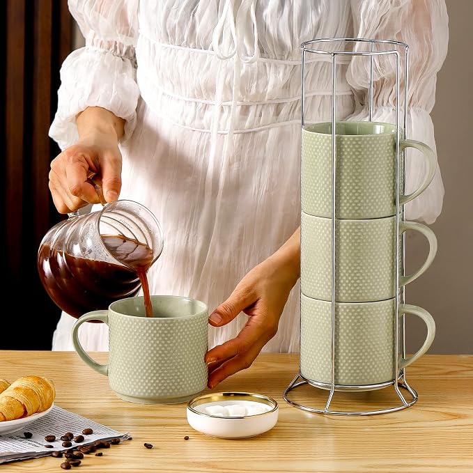 HASENSE Coffee Mugs Set with rack, 15 Ounce Porcelain Stackable Large Coffee Cups Set of 4 with handle for Drinks Like Tea, Cappuccino, Milk, Mocha and Cereal, Microwave & Dishwasher Safe, Green