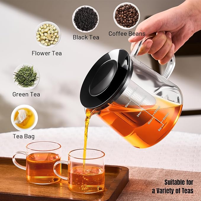 PARACITY Tea Pot with Infuser, Clear Stovetop Glass Tea Kettle with Scale | Borosilicate body and removable 18/8 stainless steel strainer support blooming and loose leaf brewing with measurements