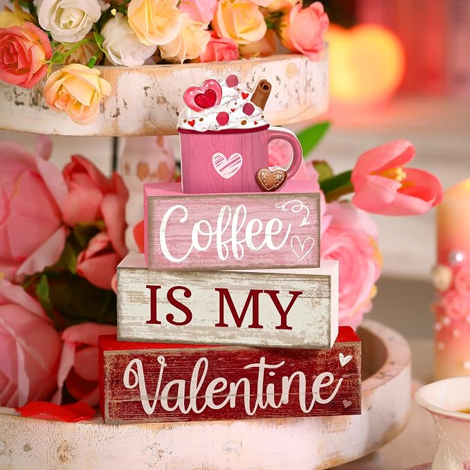 Lineshading 4 Pcs Valentine Coffee Wood Block Signs, Tiered Tray Decor | Rustic Farmhouse Stackable Blocks, Distressed Wood Finish, 3D Mug Topper, Kitchen Coffee Bar Tabletop Centerpiece