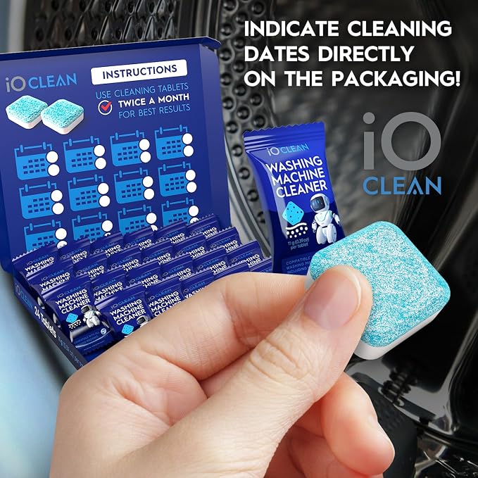 iO CLEAN Washing Machine Cleaner Descaler Tablets, 24 Count |1 Year Supply | Deep Clean Washer Cleaner Tablets for HE Front Load & Top Load – Unscented Washing Machine Descaler for Odor Control