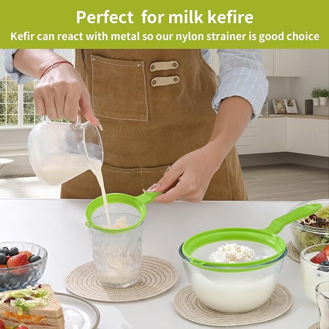 Luckyiren Kefir Strainer Set, 2-Size Plastic Non-Metal Sieve with Fine Mesh | 6.3" & 3.9" Diameter Double-size for Kefir Grains, Milk Kefir, Water Kefir & Kombucha - Durable, Food Grade & Easy Clean