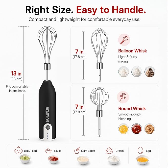 Electric Hand Mixer Whisk | Wireless Rechargeable Handheld Egg Beater with 2 Stainless Steel Mixing Heads | Portable Kitchen Hand Mixer for Egg, Milkshake Cream, Cake, Baking & Cooking-Black