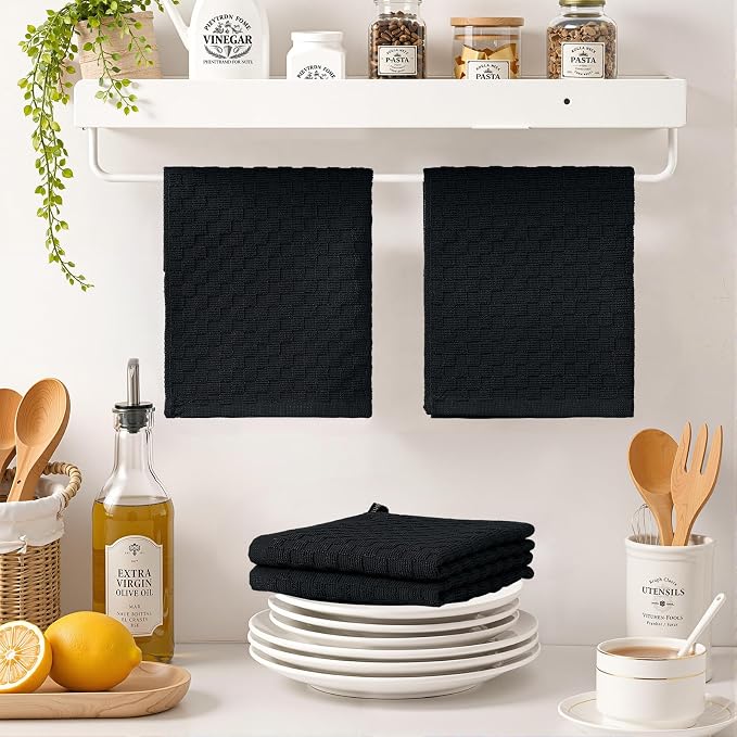 Homaxy 100% Cotton Terry Dish Cloths, 12"x12", 8-Pack, Black | Ultra Soft Absorbent Dish Towels with Hanging Loop, Pineapple Grid Designed