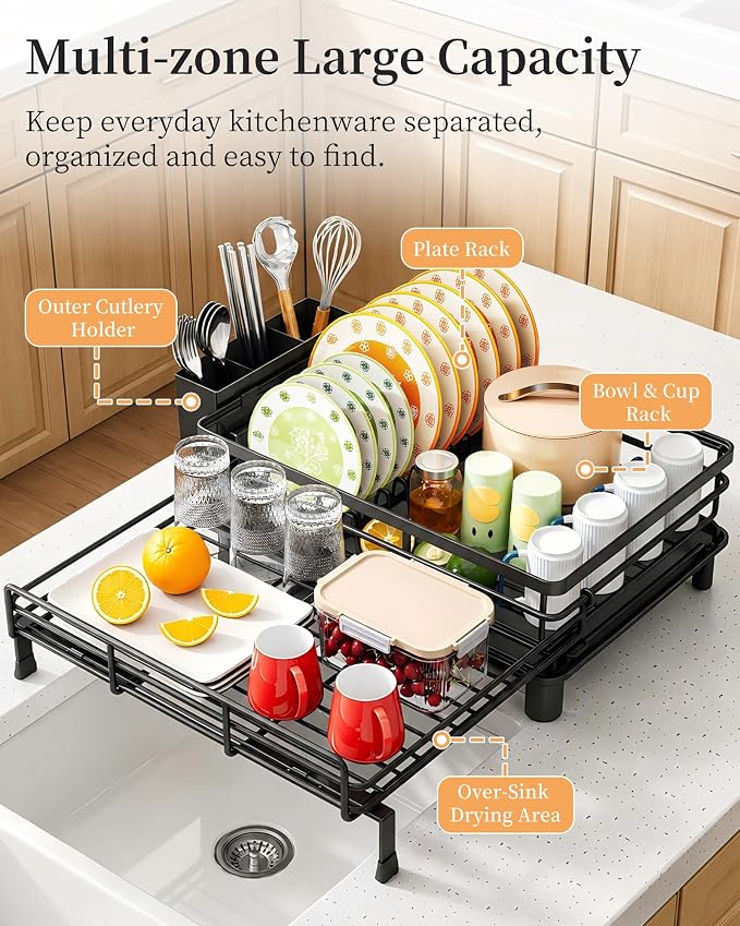 SAYZH Expandable Dish Drying Rack for Kitchen Counter, Metal, Black | Foldable Over Sink, Large Capacity, Rust-Resistant, Adjustable for Most Sinks, Automatic Drainage, Removable Utensil Holder