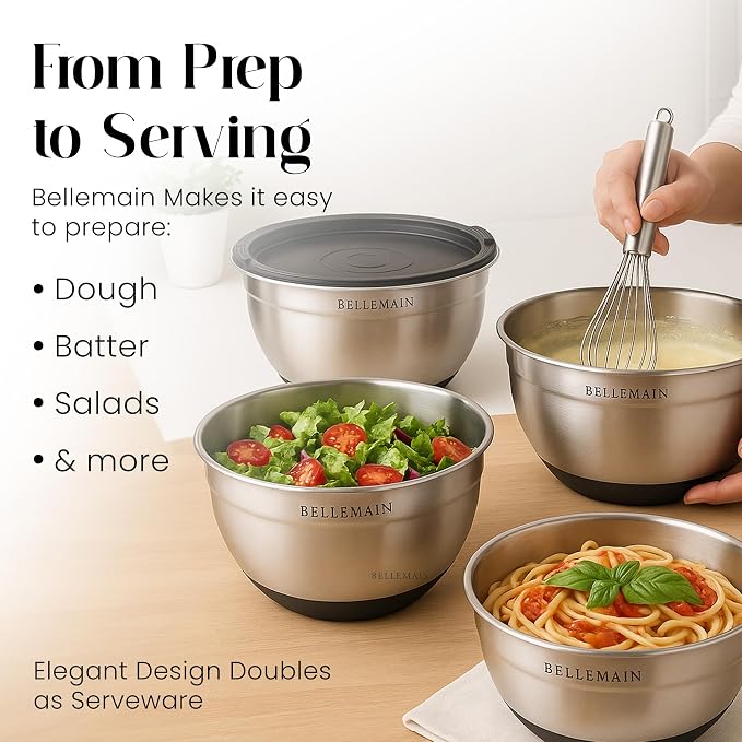 Bellemain Stainless Steel Mixing Bowls with Airtight Lids Set - Set of 3 | Non-slip Silicon Base, Kitchen Essentials for Baking & Serving (Mix, Serve, and Store), Rust resistant, Dishwasher Safe