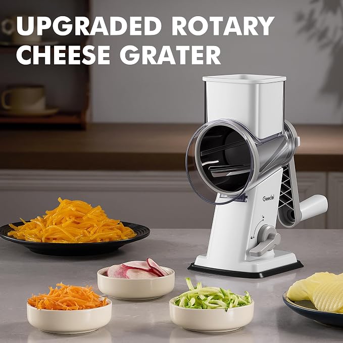 Geedel Upgraded Rotary Cheese Grater Hand Crank, Vegetable Shredder Slicer | 4 Blades, Stronger Suction Base, Wider Chute, 18x Faster Cutting, No BPA, Stainless Steel, for Cheese, Veggies, Nut