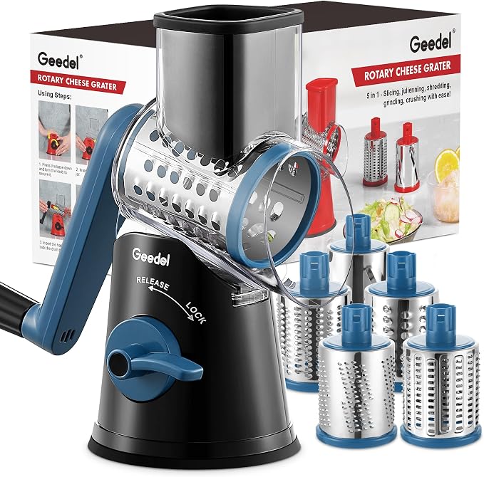 Geedel Rotary Cheese Grater Hand Crank, Cheese Shredder Vegetable Slicer | 5 Blades, 430 Stainless Steel, 12x Fast Cutting, Strong Suction Base, No BPA, Dishwasher Safe, for Cheese, Veggie, Nut