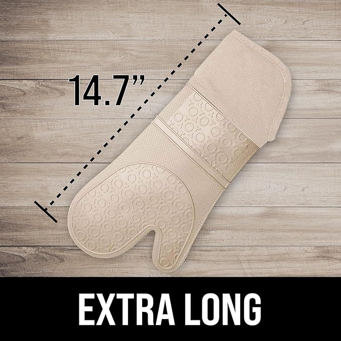 BPA-Free Silicone Oven Mitts Ultra Heat Resistant up to 500°F - Oven Mitts with Thick Cotton Liner - Long Slip Resistant Pot Holders, Flexible Oven Gloves - Beige 14.7