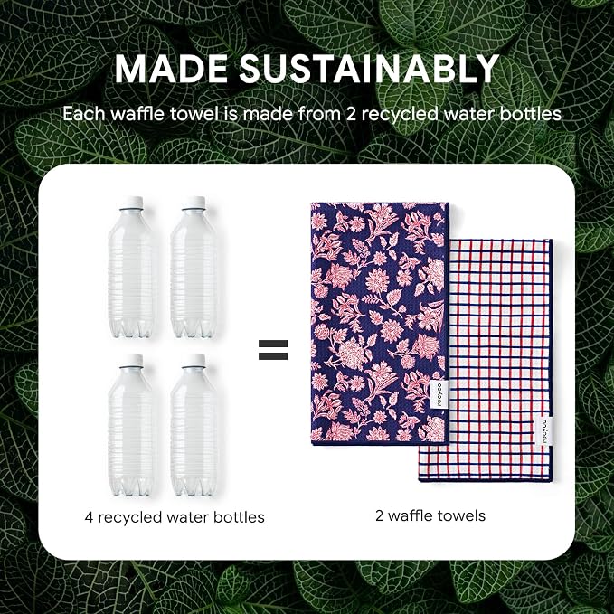 RECYCO Waffle Kitchen Towel Set of 2 - Quick Dry Microfiber Sustainable Dish Towels - Ultra Absorbent Reusable Cleaning Tea Towels - Lightweight Hand Towels,16”x 28”, Americana Bloom
