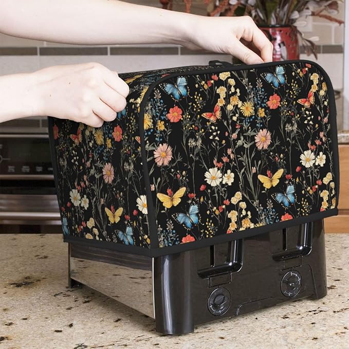 2 Slice Toaster Cover Wildflower Botanical Butterfly Flower Dust Proof Washable Kitchen Appliance Cover with Pocket, Oxford Fabric Countertop Toaster Protector for Standard Toasters Small Appliances