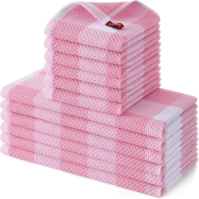 Homaxy Kitchen Towels and Dishcloths Set, Set of 12, White & Pink | Bulk Cotton Waffle Weave Check Plaid Kitchen Towels, Super Soft and Absorbent Dish Cloths, 12 x 12 and 13 x 28 Inches