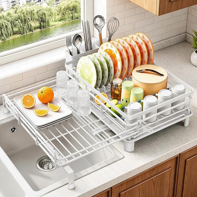 SAYZH Expandable Dish Drying Rack for Kitchen Counter, Metal, White | Foldable Over Sink, Large Capacity, Rust-Resistant, Adjustable for Most Sinks, Automatic Drainage, Removable Utensil Holder